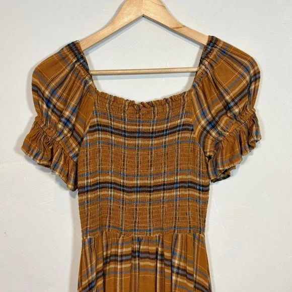 Cottagecore Smocked Dress S/M Plaid Tartan Prairie Academia Milkmaid Boho Folk - Picture 5 of 8